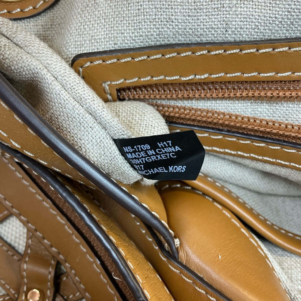 Michael‎ Kors Brooklyn Brown Gold Studded Woven Leather Canvas Shoulder Bag - Picture 11 of 16